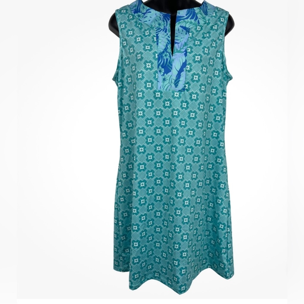 Cabana Large Dress Tunic Shift Floral UPF 50 Sleeveless Aqua Blue Resort